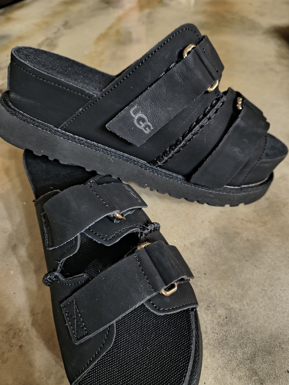 UGG Black Slide Platform Sandals with Buckle Accents